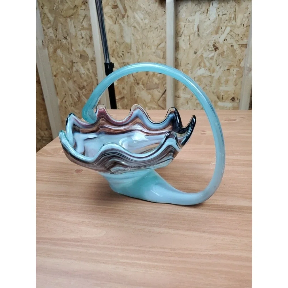 Vintage Hand Blown Art Glass Dish Bowl Swirling Red /Blue Brown Compote W/Handle
